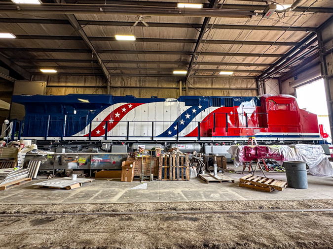 One of three locomotives receiving the 250th paint scheme nears completion. One of three locomotives receiving the 250th paint scheme nears completion.