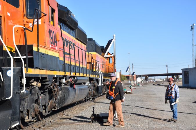 Hays Davies, left, and Bryan Medart are switchmen in Lubbock.  